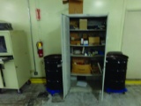 (2) 2-DOOR CABINETS W/ CONTENT, ROLLING METRO CART, COMPUTER KIOSK, & MISC.