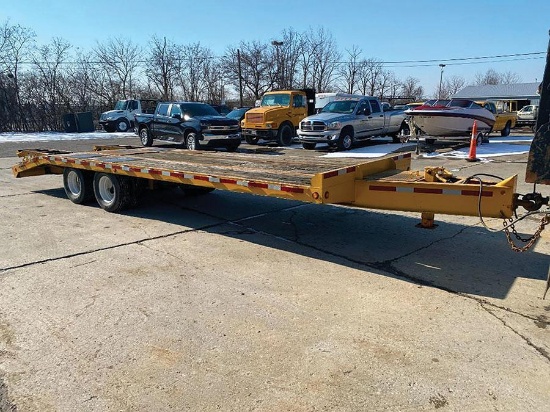 25' T/A DOVETAIL TRAILER, PINTLE HITCH, AIR BRAKES, WOOD DECK, STAKE BED, FOLD OVER STEEL RAMPS,