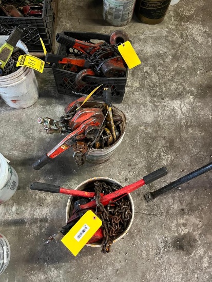(8) chain come alongs & bucket of chain