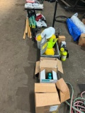 assorted (NEW) brooms, rope, hard hats, paint rollers, PPE, pipe stand heads, & casters