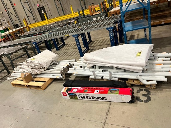 (3) Uline Metal Frame Canopies, 20' L x 11' W x 9' 5" H, (8) Legs w/ Feet, (15) Cross Beams, (4)