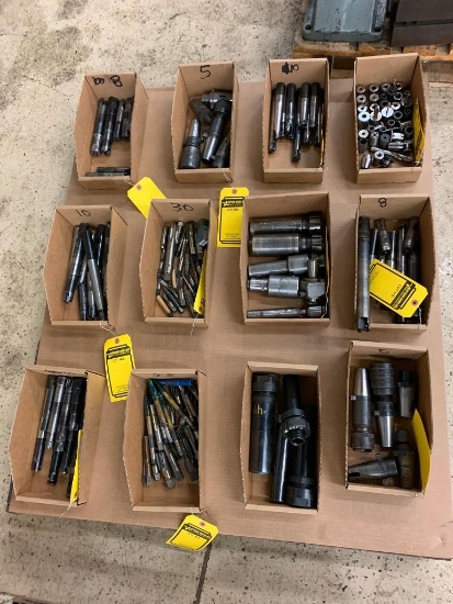 Pallet w/ Assorted Boring Bars, Assorted End Mills, Kwik-Switch Taper Tool Holders, Collet Holders,