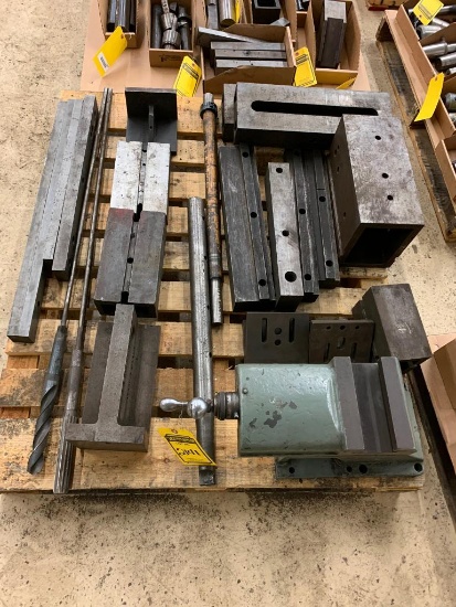 Pallet w/ Assorted Machinist Riser Blocks, Angle Plate, Lathe Cross Slide, Drill, Reamer