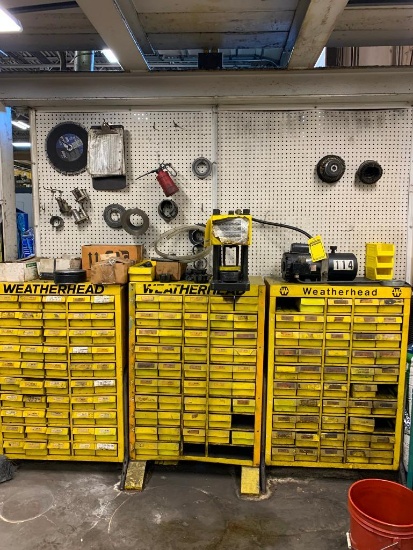 Coll-O-Crimp I Hydraulic Crimping Machine w/ (3) Drawer Cabinets of Fittings, Couplers, & Support