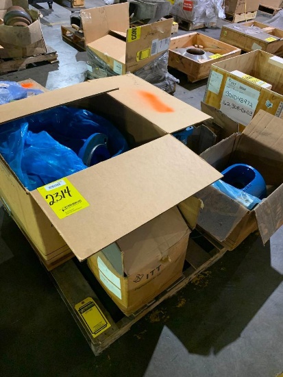 Pallet w/ Assorted Goulds Pumps Spare Parts; Frame, Impellers, Motor Support, Pump Power End
