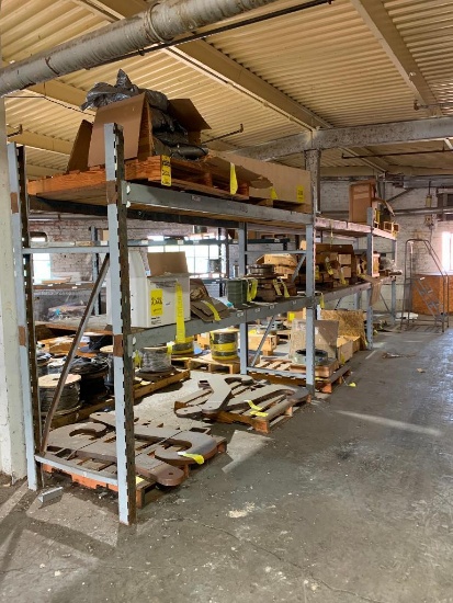 Assorted Spare Parts on/under Pallet Rack; Load Arrester, Brake Drums, Crane Hooks, Cable Reel,
