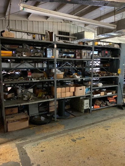 Assorted Shelf Units w/ Spare Parts; Bolt Bins, Small Parts Bins W/ Content, Hydraulic Hose