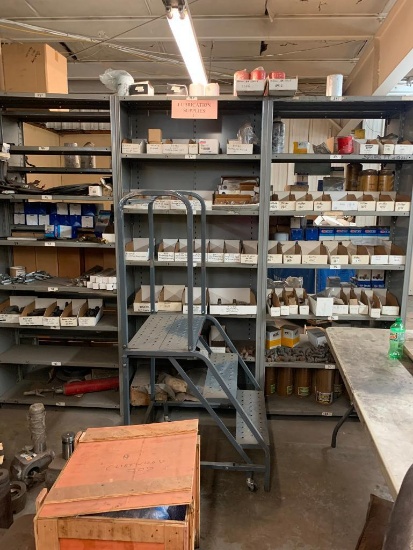 Assorted Shelf Units w/ Spare Parts; Filters, V-Belts, Hydraulic Pumps, Cylinders, Hardware, Cat