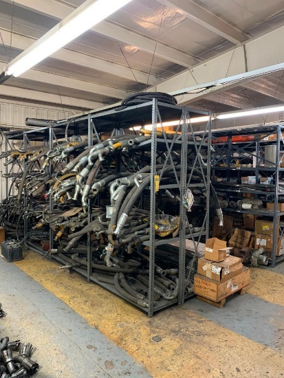 Assorted Shelf Units & Bolt Bins w/ Spare Parts; Hydraulic Hose, Compressors, Filters, Hardware,
