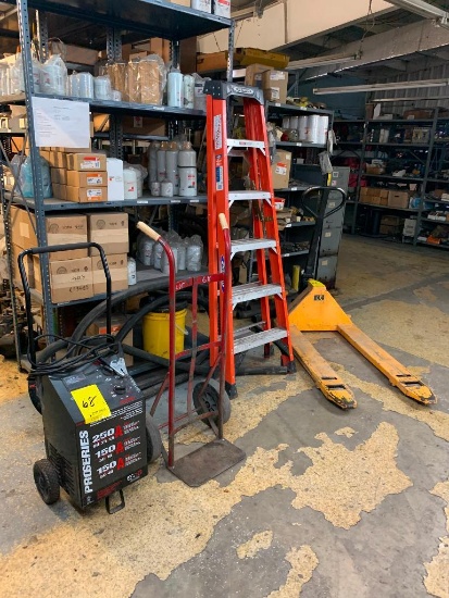 Uline Pallet Jack, Werner 6' Fiberglass Step Ladder, 2-Wheel Dolly & DSR Battery Charger/Starters