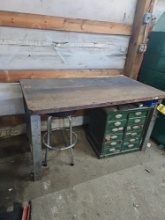 Office Furniture;Desk, (2) 2-Drawer Filing Cabinets, Shelving Unit, Whiteboards, & Shop Table