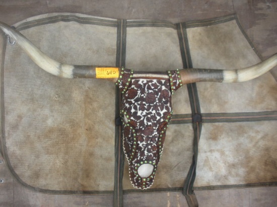 Leather Tooled Long Horn Steer Head and Horns  62"