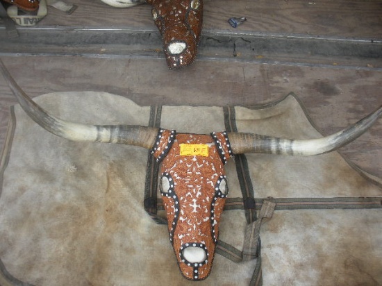 Leather Tooled Long Horn Steer Head and Horns  56.5"