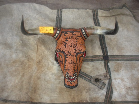 Leather Tooled Long Horn Steer Head and Horns  20"5"