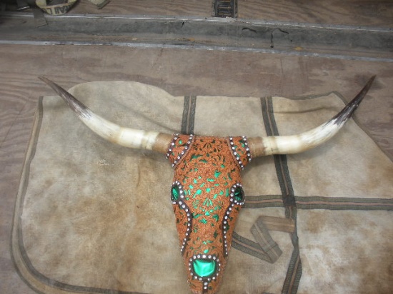 Leather Tooled Long Horn Steer Head and Horns  51"