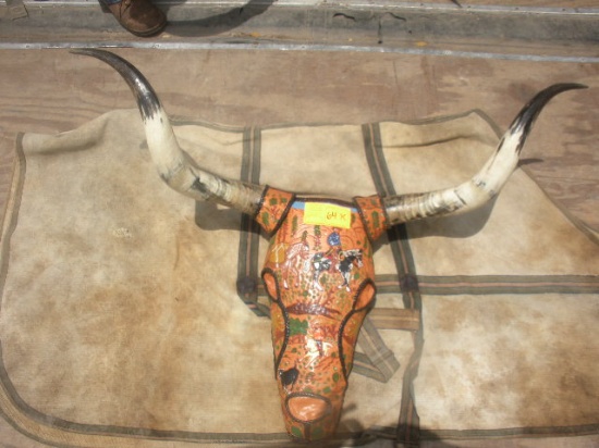 Leather Tooled Long Horn Steer Head and Horns  43.5"