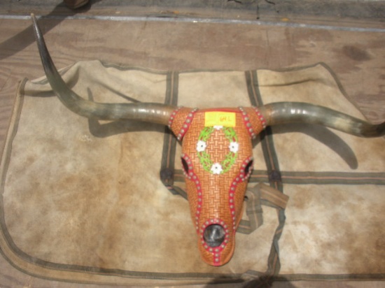 Leather Tooled Long Horn Steer Head and Horns  42.5"
