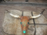 Leather Tooled Long Horn Steer Head and Horns  51
