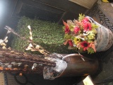 (4) Green leaf Plant stands and metal vase and metal bucket