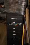 9 Drawer black chest and contents baskets broom and dustpan