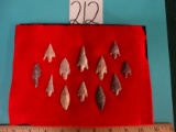 Display Case of 10 Authentic Neolithic Bird Point Arrowheads