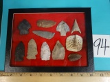 11 Authentic Indian Artifacts Arrowheads in Display Case