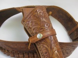 Vintage hand tooled leather single action gun holster and cartage