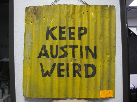 Keep Austin Weird Sign Hand painted on vintage corrugated steel and Happy New year sign