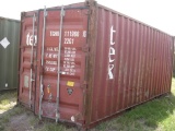 20' Red Shipping Container with Dented Sides and welded repairs