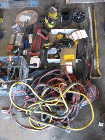Lot misc. Tools jumper cables trailer nylon wenches hammers prybars
