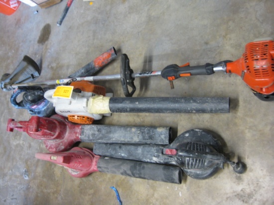 Weed trimer and electric blowers and one gas blower