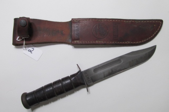 Ka-Bar Combat Knife Marked USMC 6-3/4" Blade with original Ka-Bar Leather Sheath also marked USMC