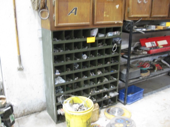 Bolt bin with 2 door wood cabinet and contents