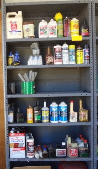 Shelf and Contents Approx. 45 misc fluids 6 shelves