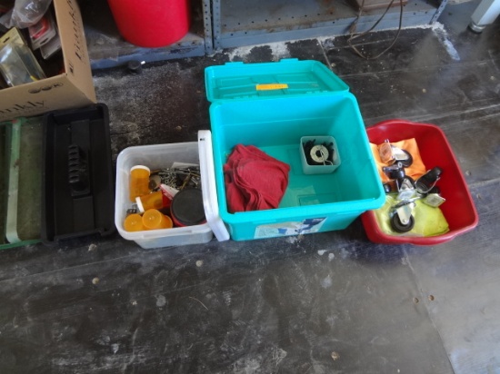 Tote of Casters, Dust Cloths and Screws