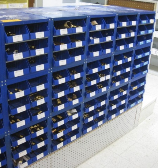 Brass Elbows, Bushings, Nipples, Tees, Misc. Sizes (6) 16 Bin Cabinets Full Hard Loaded