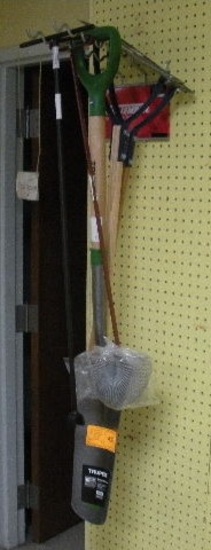 Hand tools including 16" spade shovel, picker, two weed-cutters, water meter key