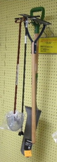 Hand tools including 16" spade shovel, picker, weed-cutter, water meter key