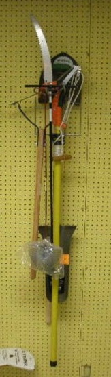 Hand tools including 16" spade shovel, round-point shovel, pole saw, picker, weed-cutter, water met