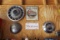 3 Ford Hubcaps, Falcon Sign, 1946 Ford Picture