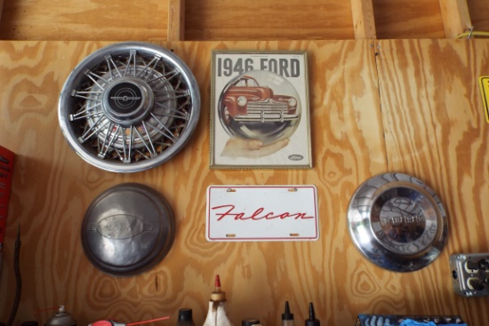 3 Ford Hubcaps, Falcon Sign, 1946 Ford Picture