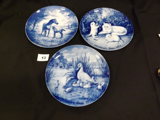 3 Blue Decorative Mother's Day Plates, 7.75" dia