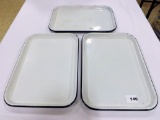 3 Enamel Trays, White w/Blue Trim