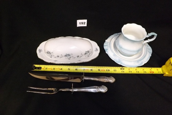 Carving Set, Covered Butter Dish, Cup & Saucer