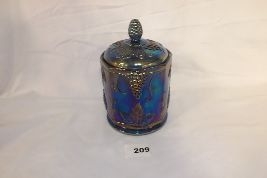 Blue Carnival Glass Candy Dish w/Lid, grape pattern