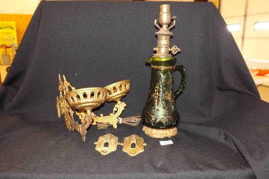 Green Glass Pitcher Electric Lamp & "Brass" Wall Sconces