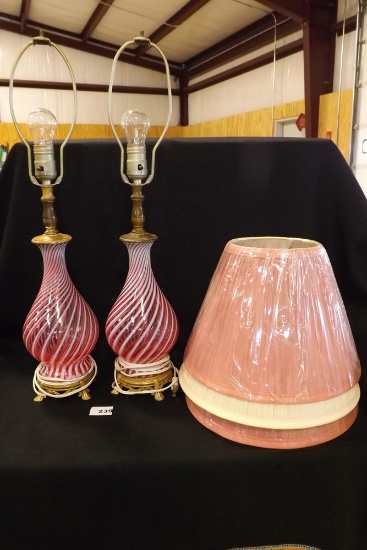 Pair of Matching Pink/White Swirl Glass lamps w/3 shades