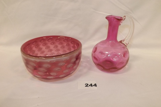 Dark Pink Glass Bowl & Cruet