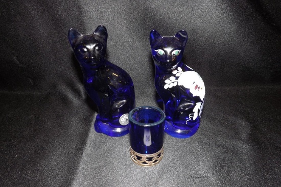 Fenton Cobalt Glass Cats & toothpick holder