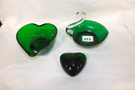 Green Glass Dish (2) & Paperweight